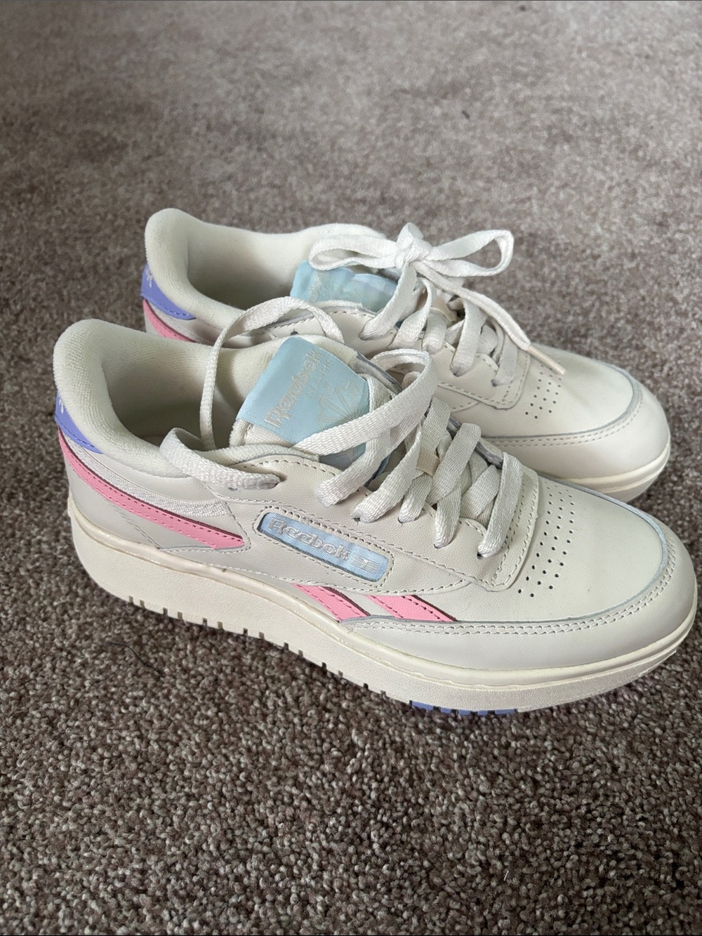 Reebok Cream Leather Sneakers with Pink & Light Blue Accents